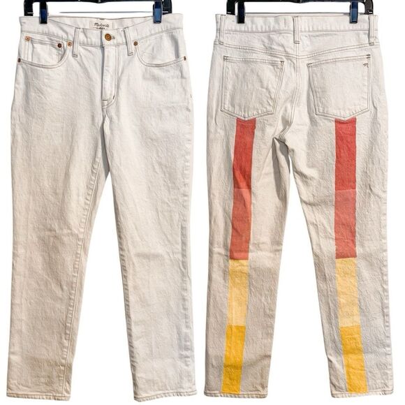 Madewell Tomboy Straight Leg Jeans in White Rainbow Stripe - Picture 1 of 7